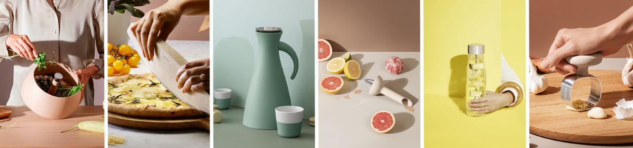 Bildecollage bestående av seks bilder med diverse Eva Solo produkter, bla. pizzakutter, kaffekanne, vannflaske og hvitløksknuser