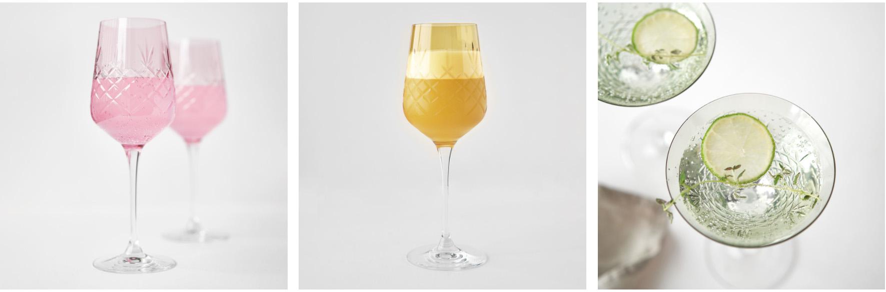 Tredelt bilde med Frederik Bagger Crispy Madame Citrine, Topaz og Cocktailglass med en drink med lime.
