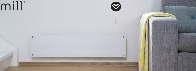 Panelovn fra Mill med Wi-Fi integrering montert i stue